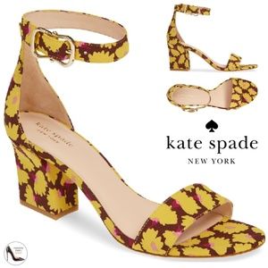 Kate Spade Susane Rich Fudge Sandals Floral Yellow Ankle Strap Block Heel Pumps